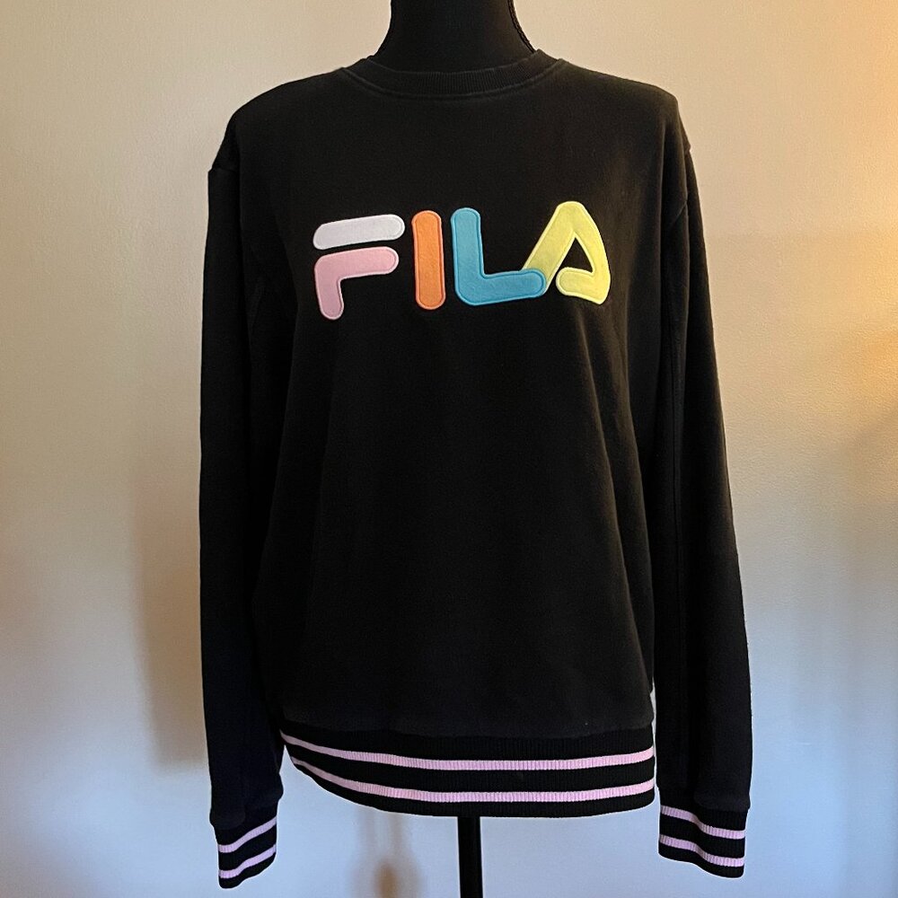 Fila Black Long Sleeve Crewneck Sweater Neon Lettering and Light Pink Stripes